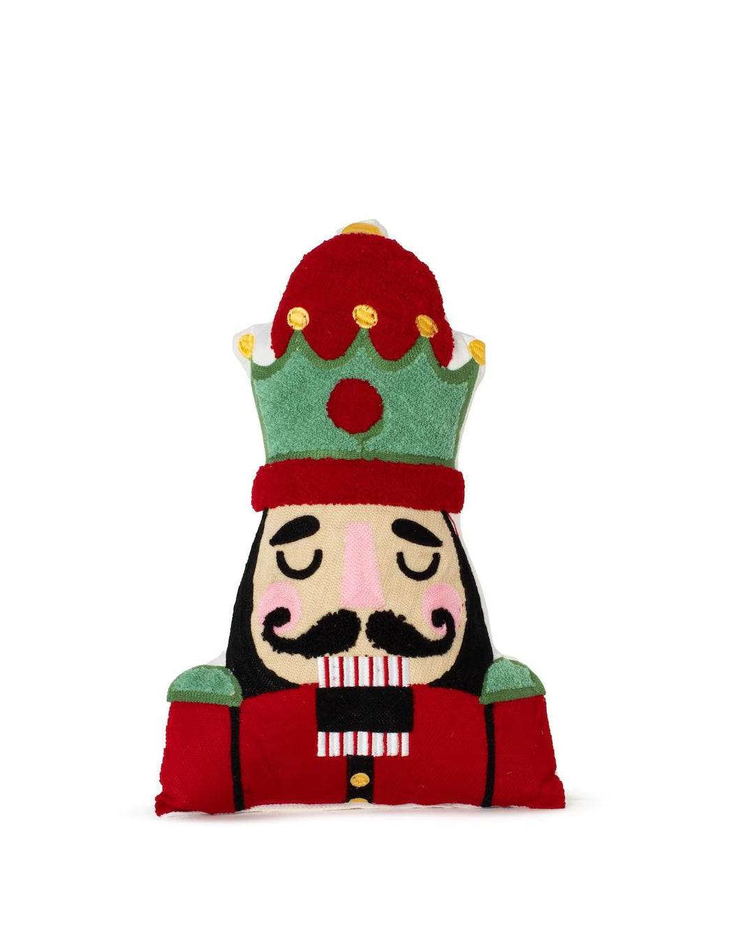 Nutcracker shaped pillow in red and green.