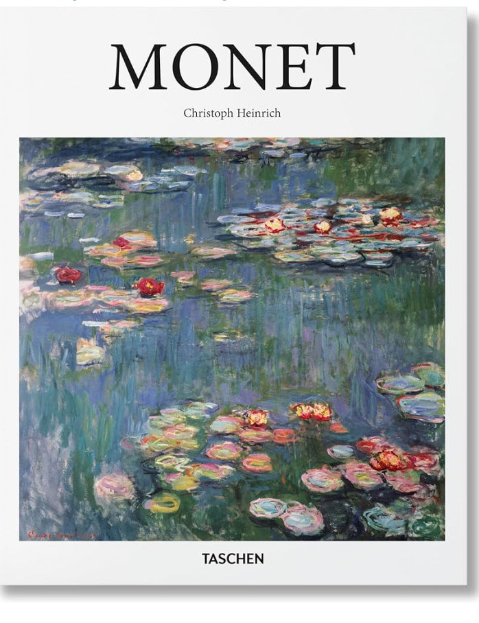 The "Monet" book by Christoph Heinrich features a cover with a close-up of Claude Monet's water lilies painting, showcasing shades of blue and pink. Published by TASCHEN.