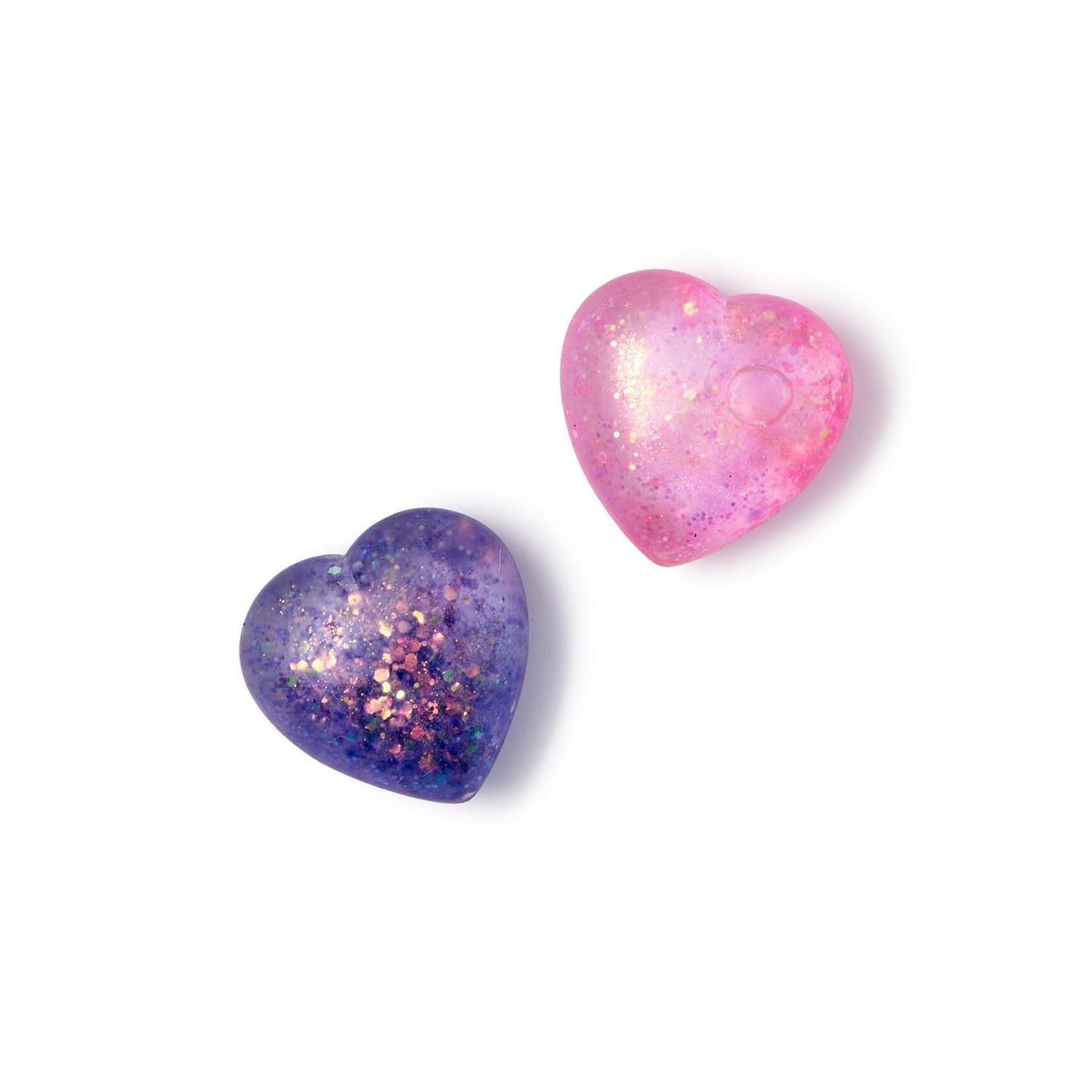 Heart Jellies Glitter Squishy Hearts are heart-shaped, glittery objects available in purple with gold flecks and pink with sparkles. Sizes: Small, Medium.