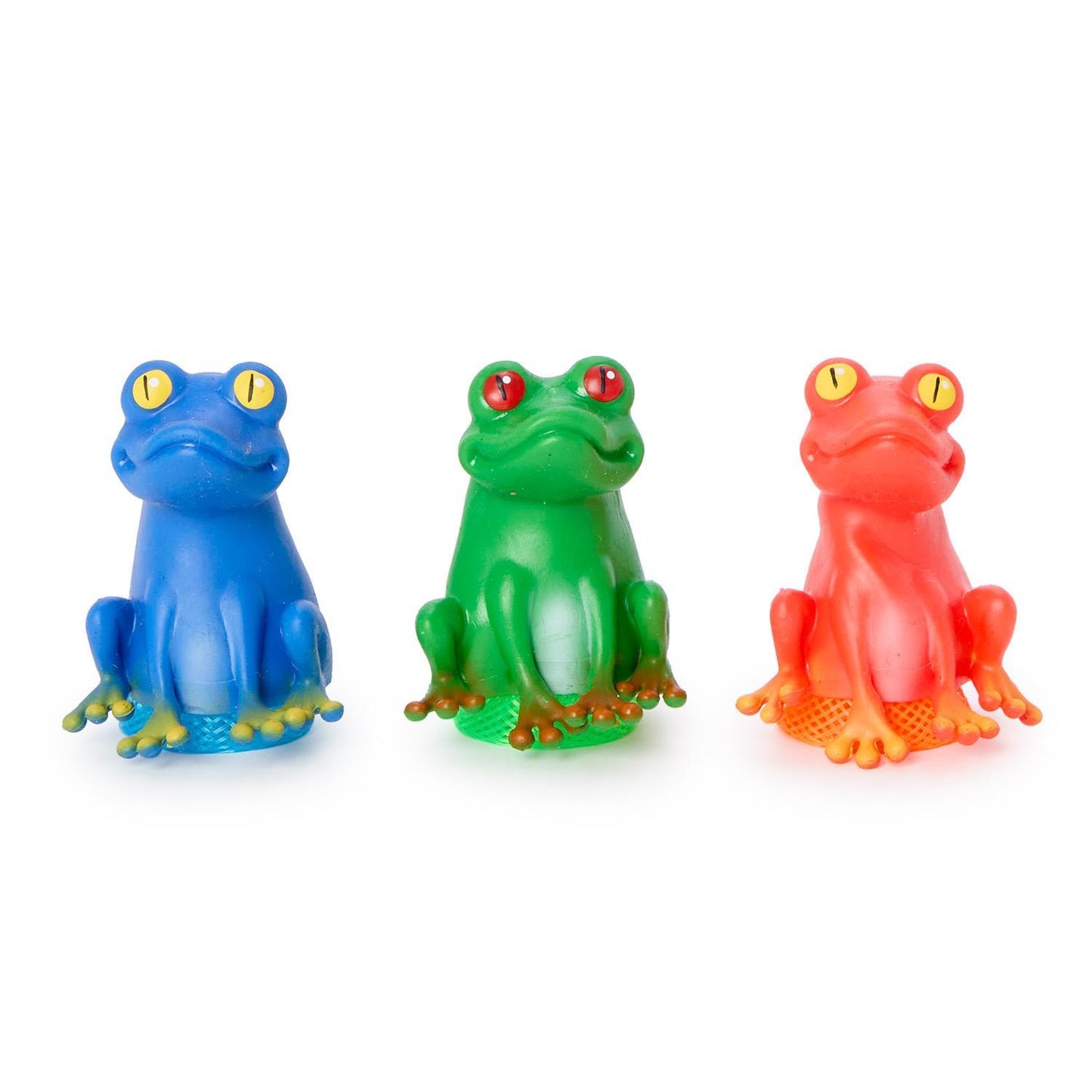 Three Ribbit Race Light up Frog Pop Up Toys in blue, green, and red with light-up eyes. Available in small and large sizes.