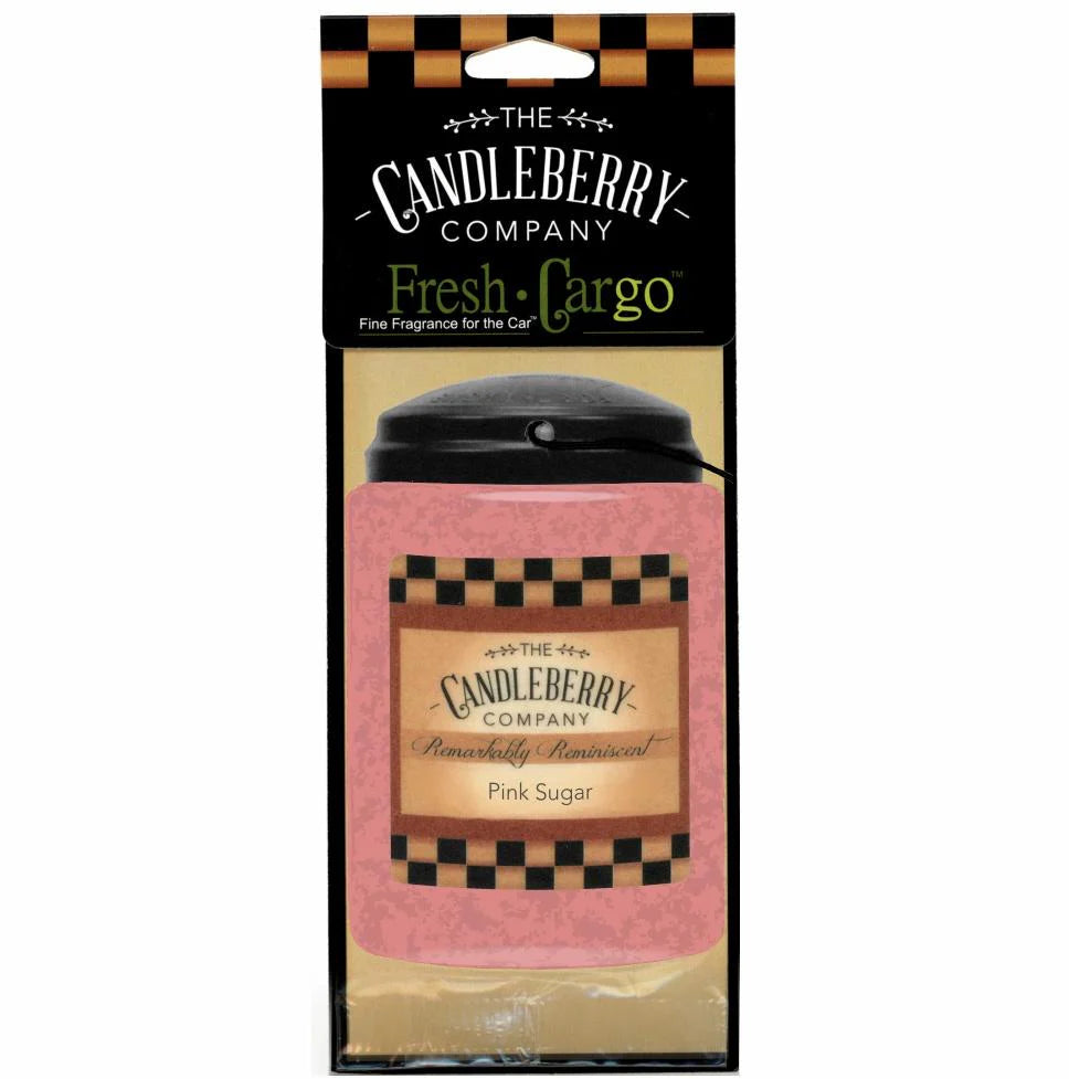 Jar-shaped Candleberry Car Freshener, Fresh Cargo Pink Sugar scent, pink/black checkered label; available in multiple sizes.