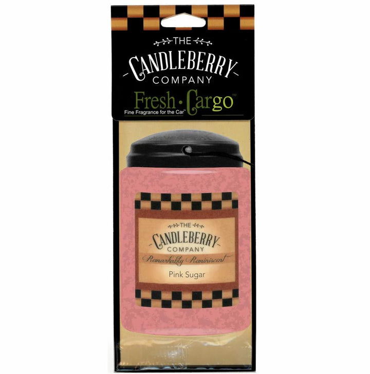 Jar-shaped Candleberry Car Freshener, Fresh Cargo Pink Sugar scent, pink/black checkered label; available in multiple sizes.