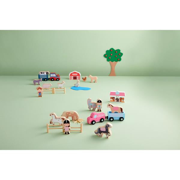 Wood Farm Toy Set with barn, farmhouse, pond, tree, people, horses, cows, and trucks. Available in small and large sizes.