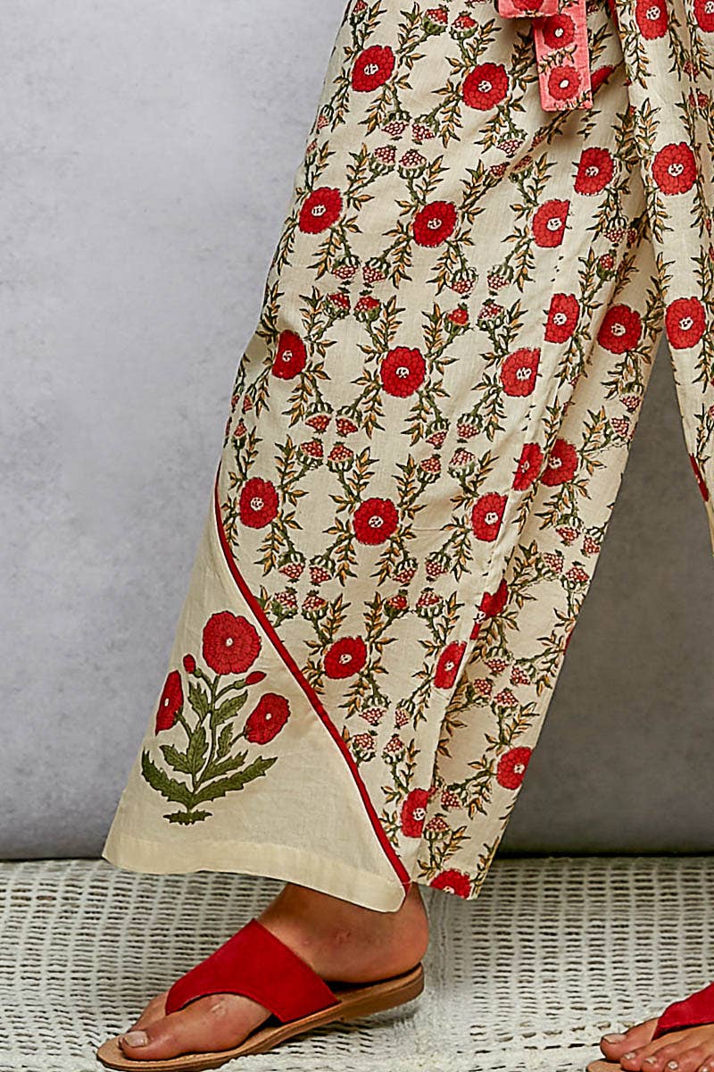 Straight Fit Waist Belt Floral Pattern Pants in cream with red florals, green leaves, ankle border. Sizes: XS–XL.