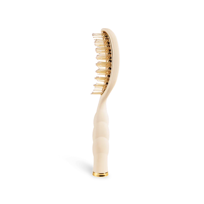 Teleties Hair Brush for thick hair, beige with gold-tipped anti-static bristles, curved handle. Available in multiple sizes.