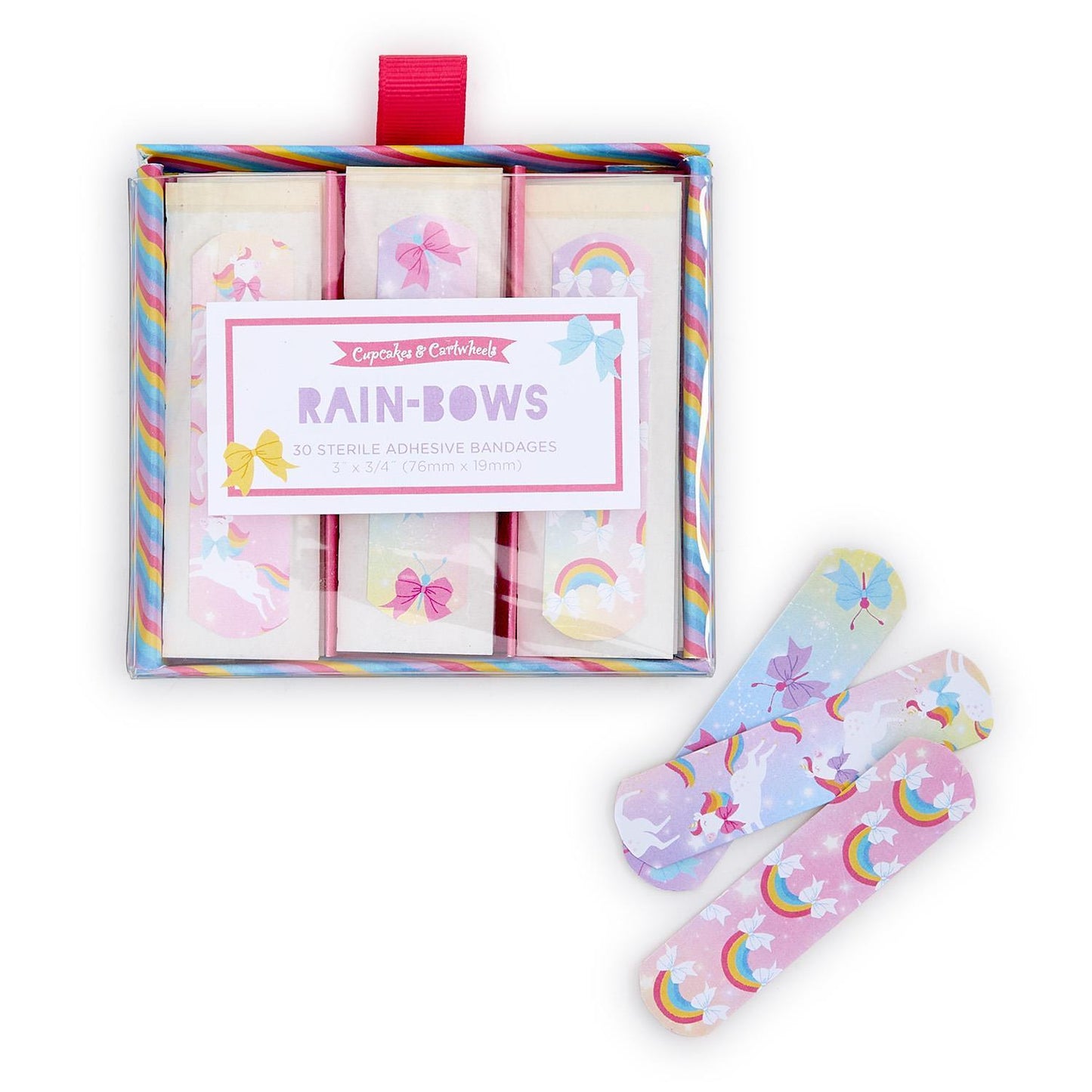 Rain-Bows 30-Piece Bandages in Gift Box with rainbow, star, and pinwheel designs for kids; assorted sizes included.