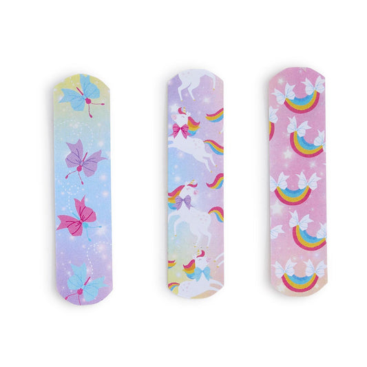 Rain-Bows 30-Piece Bandages Gift Box: hypoallergenic, kid-friendly designs; assorted sizes; butterflies, unicorns, rainbows.
