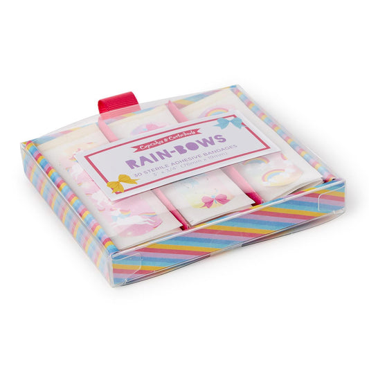 Rain-Bows 30-Piece Box: hypoallergenic bandages with 30 rainbow designs; includes assorted sizes.