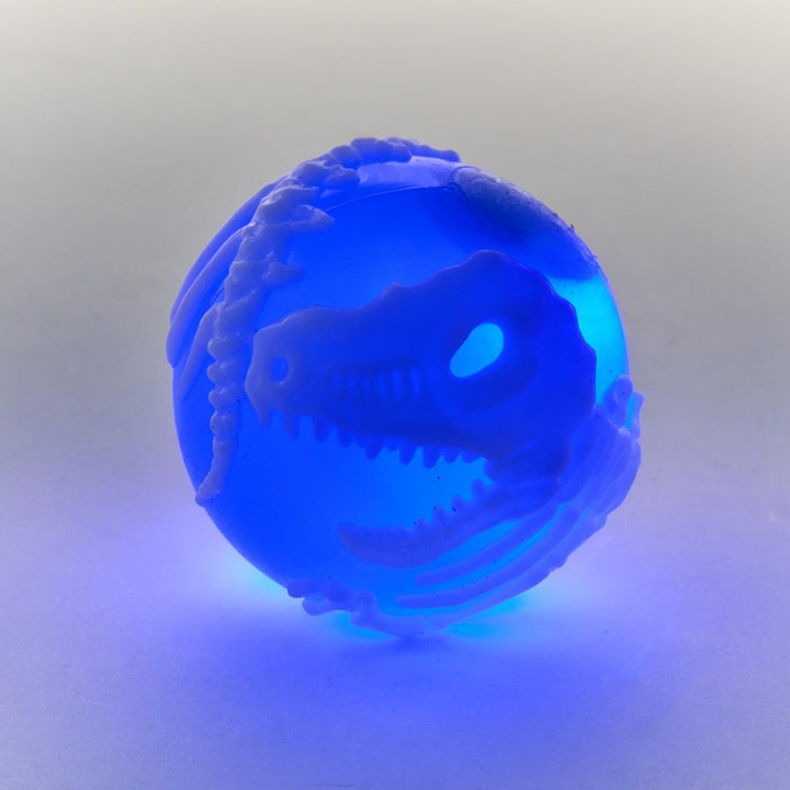 Translucent blue Dinorama High Bounce Light-Up Dinosaur Ball, glows to reveal white skull and ribs. Available in 2" size.