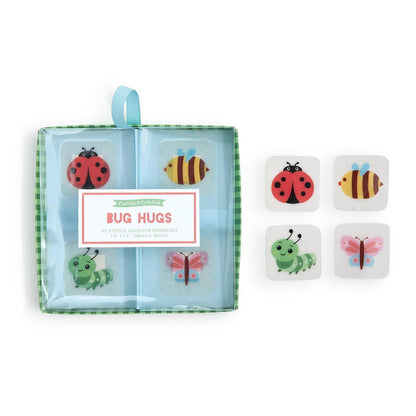 Bug Hugs Square Bandages in gift box, cute ladybug, bee, caterpillar, and butterfly designs. Available in 2"x2" size.
