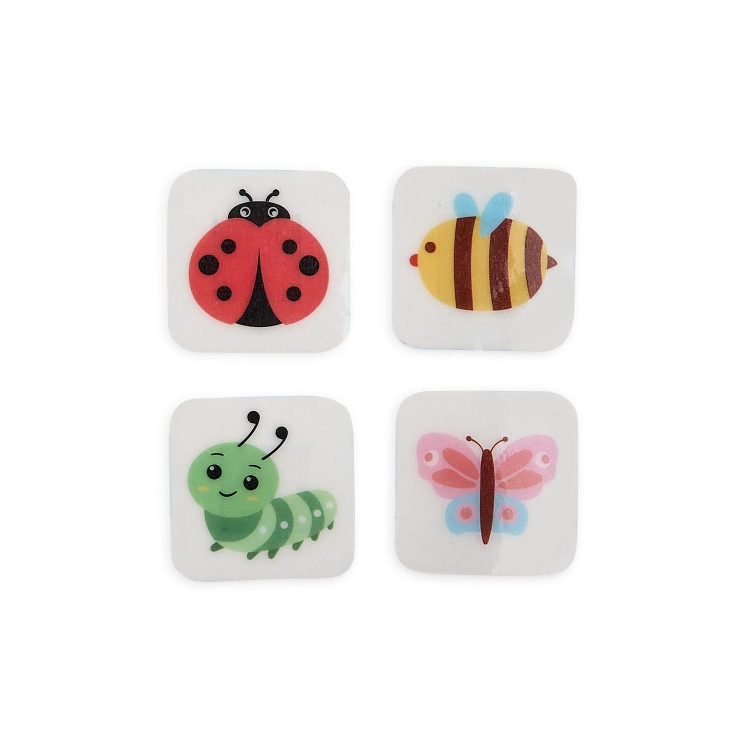 Bug Hugs Square Bandages: four white bandages with cartoon bugs; available in small and medium sizes. Gift box included.