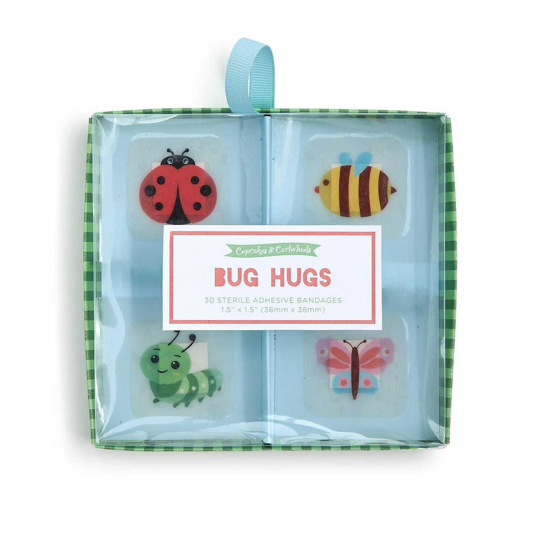 Bug Hugs Square Bandages gift box, 30 sterile adhesive bandages, cute bug designs, blue-green packaging. Size: square.