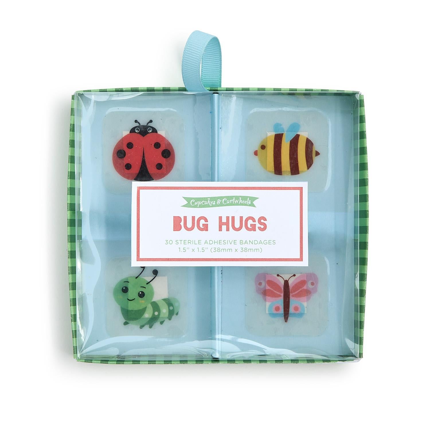 Bug Hugs Square Bandages gift box, 30 sterile adhesive bandages, cute bug designs, blue-green packaging. Size: square.