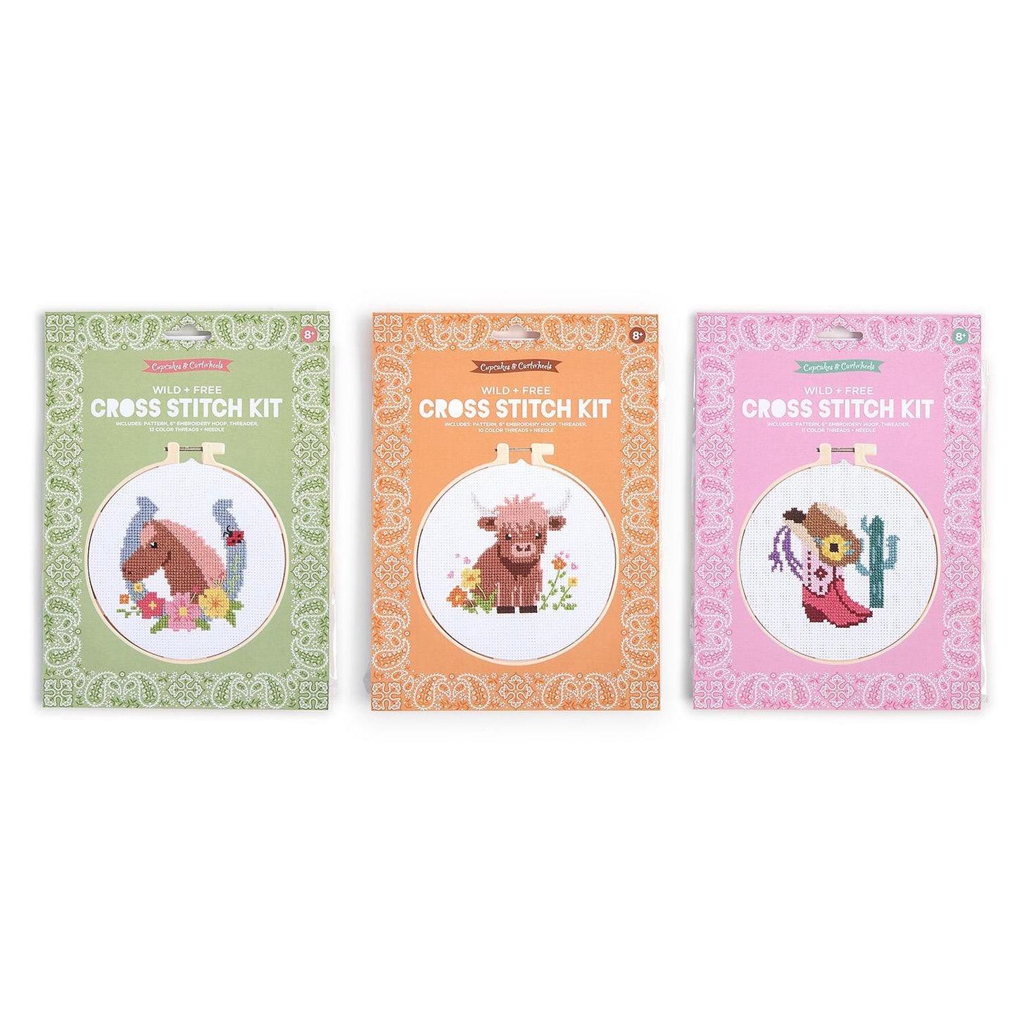 Wild & Free Cross Stitch Embroidery Craft Kit, 3 decorative packages, finished designs in round frames. Sizes available: not shown.