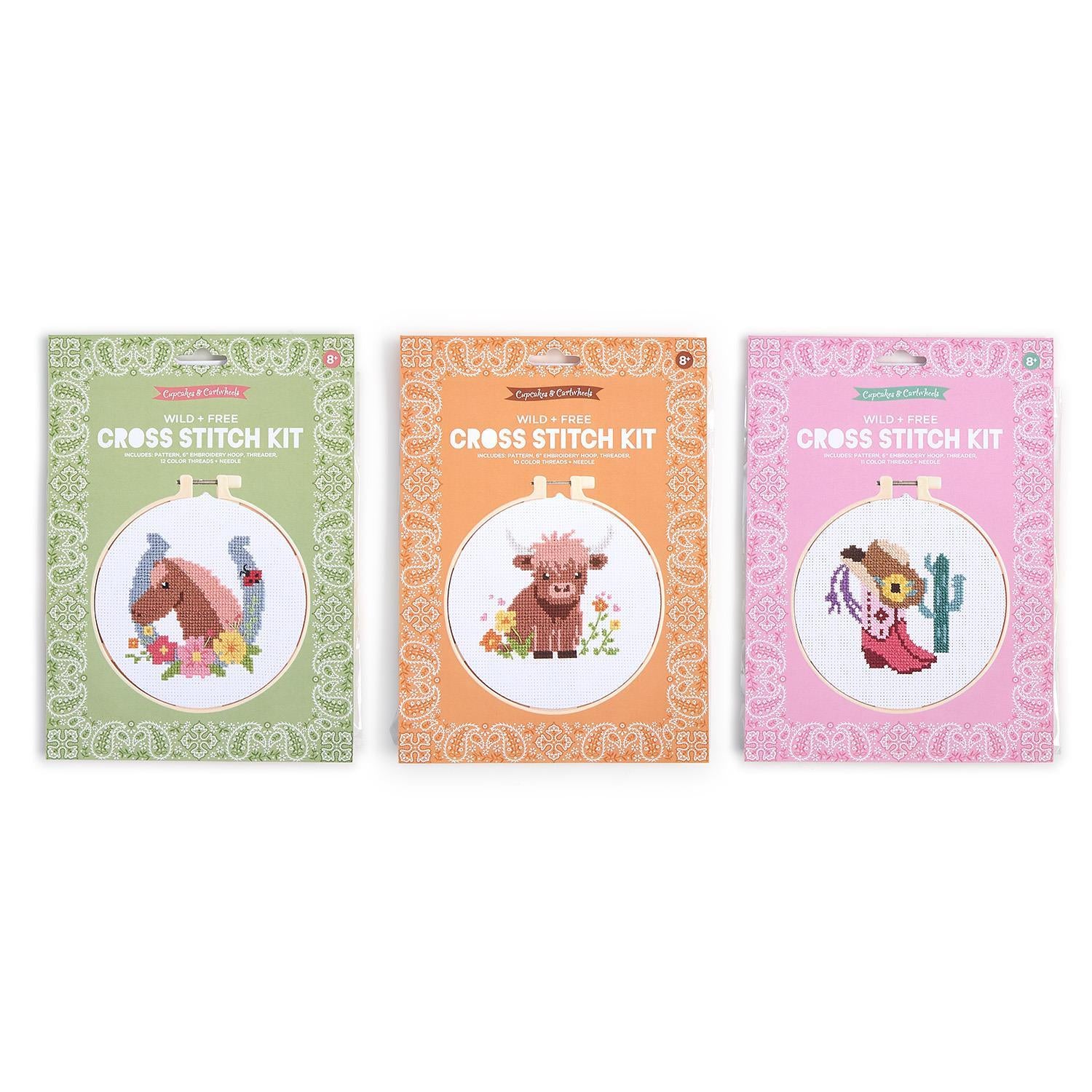 Wild & Free Cross Stitch Embroidery Craft Kit, 3 decorative packages, finished designs in round frames. Sizes available: not shown.