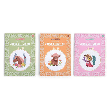 Wild & Free Cross Stitch Embroidery Craft Kit, 3 decorative packages, finished designs in round frames. Sizes available: not shown.