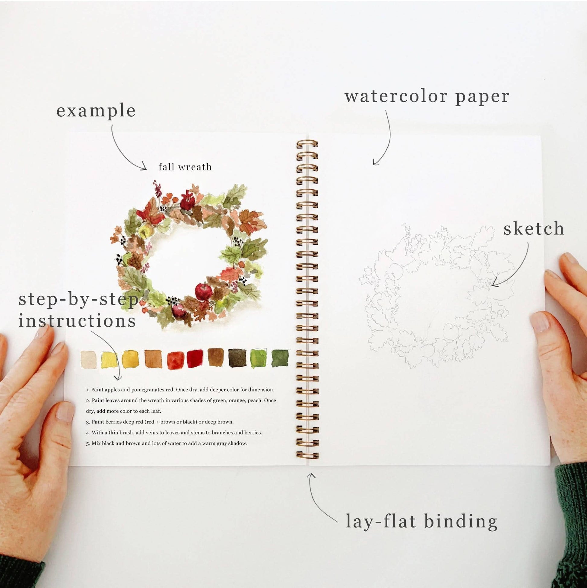Autumn watercolor workbook with fall wreath tutorial and color samples. Available in A4 and A5 sizes.