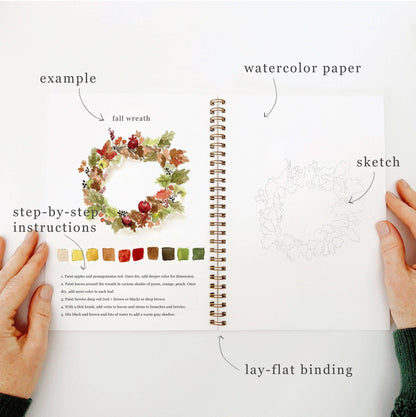 Autumn watercolor workbook with fall wreath tutorial and color samples. Available in A4 and A5 sizes.