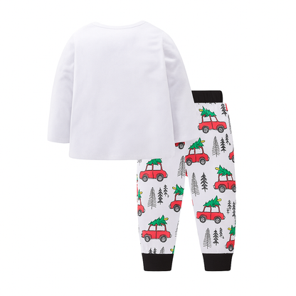 “You Serious Clark? Cotton 2-Piece Boy Clothes Set” in size 3-4T includes a long sleeve white cotton top and matching white pants with red cars carrying Christmas trees, black pine tree graphics, black cuffs, and a black waistband.