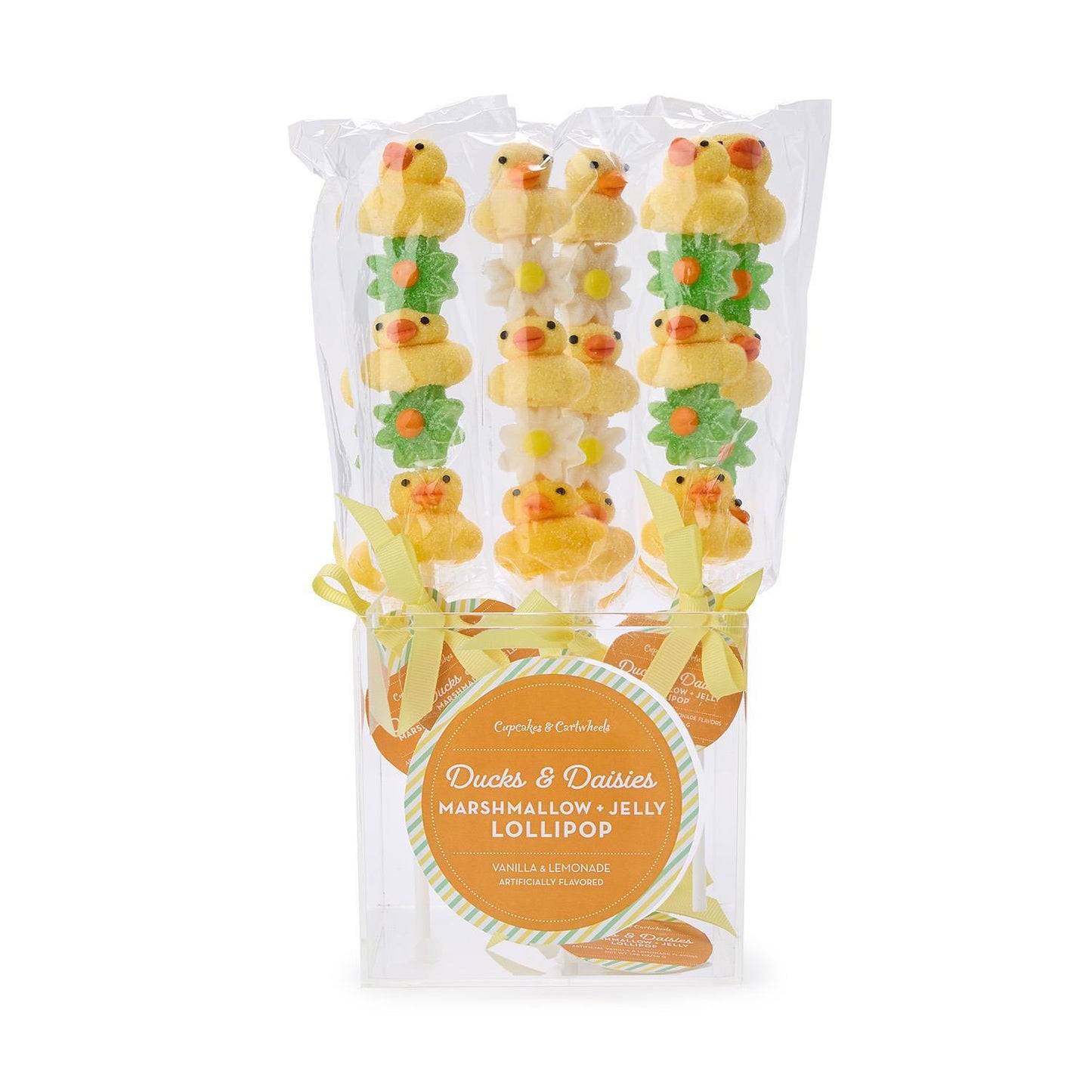 Four Ducks & Daisies Marshmallow and Jelly Lollipops, yellow duck and green daisy shapes, sold in assorted sizes.