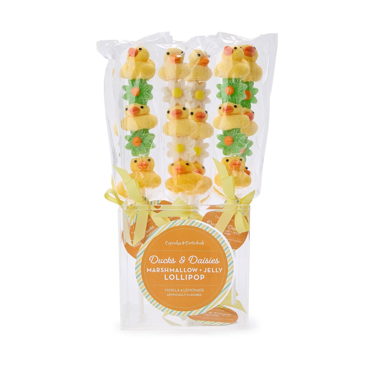 Four Ducks & Daisies Marshmallow and Jelly Lollipops, yellow duck and green daisy shapes, sold in assorted sizes.