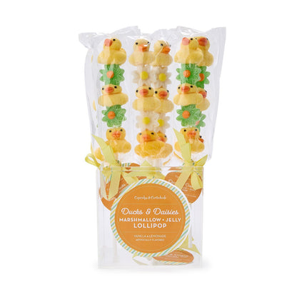 Four Ducks & Daisies Marshmallow and Jelly Lollipops, yellow duck and green daisy shapes, sold in assorted sizes.
