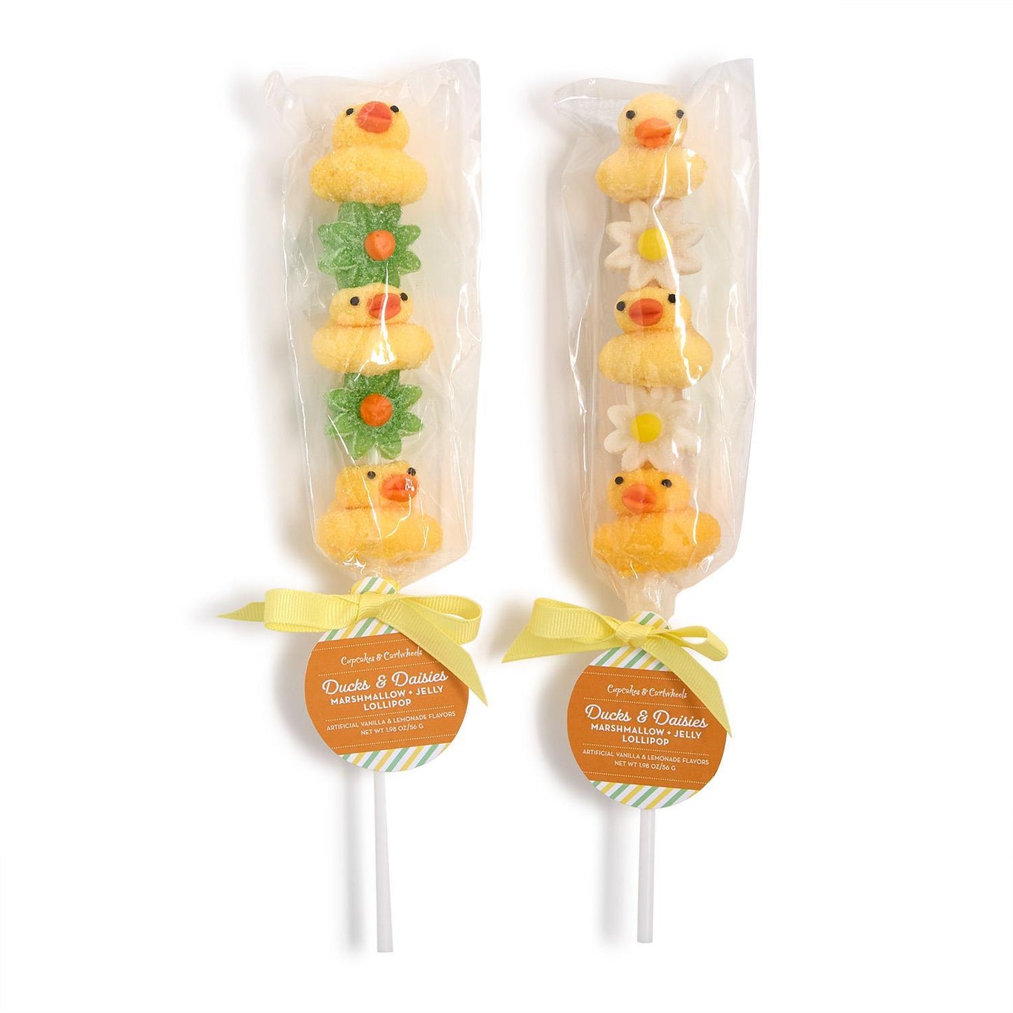 Two Ducks & Daisies Marshmallow and Jelly Lollipops with three duck and two flower shapes; available in one standard size.