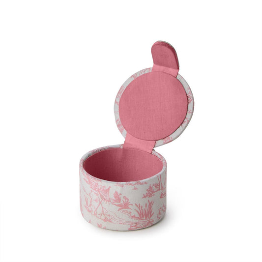 Small, round keepsake box set with hinged lid, pink and white pattern. Available size: small. For first tooth or curl.