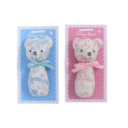 Two animal toile teddy bear rattles, blue or pink accents, available in 6" and 8" sizes. Labeled "Animal Toile Pattern Teddy Bear Rattle.