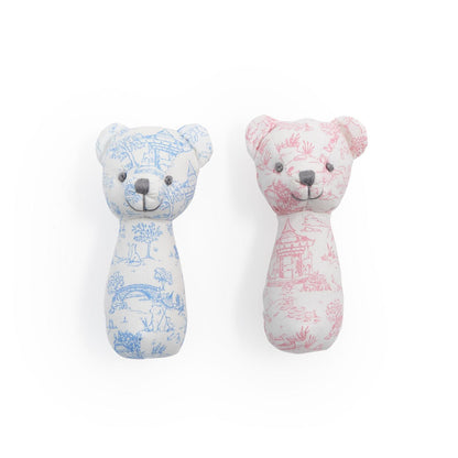Blue and pink animal toile teddy bear rattles, available in small and large sizes.