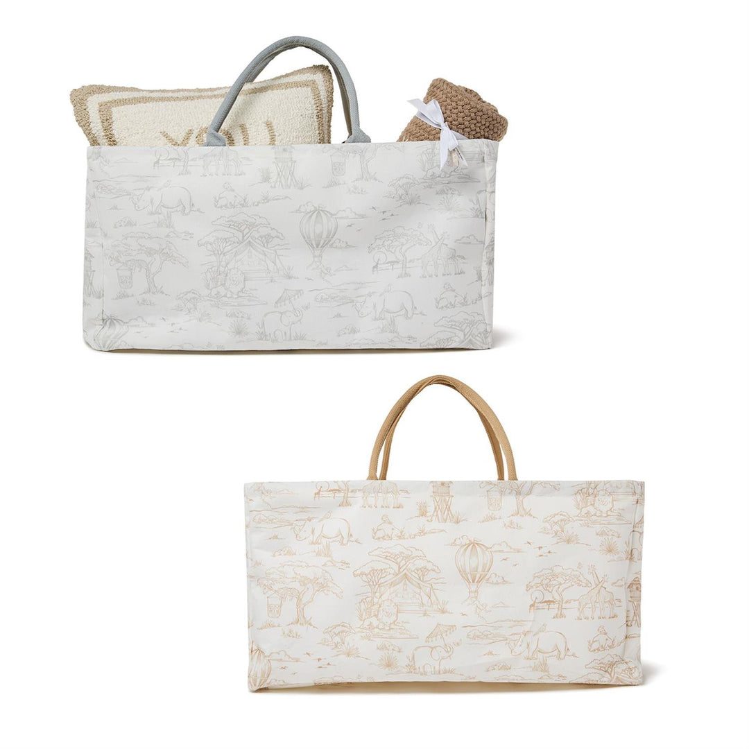 Two rectangular cotton bins with safari animal prints, white with gray or tan handles. Available in small and large sizes.