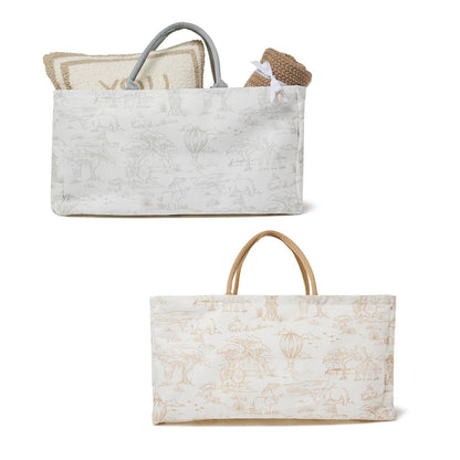 Two rectangular cotton bins with safari animal prints, white with gray or tan handles. Available in small and large sizes.