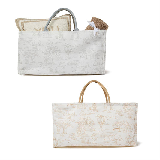 Two rectangular cotton bins with safari animal prints, white with gray or tan handles. Available in small and large sizes.