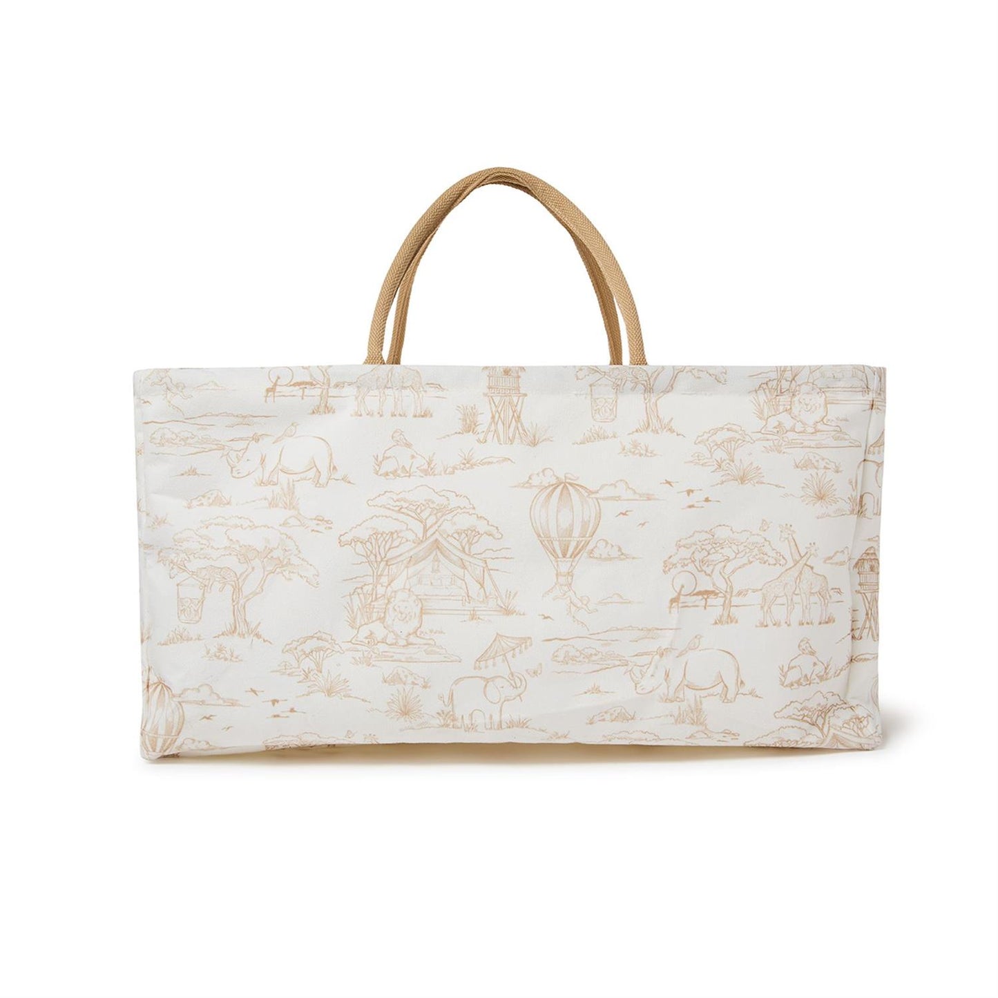 Rectangular cream storage tote with tan handles, light brown safari animal print. Sizes: small, medium, large.