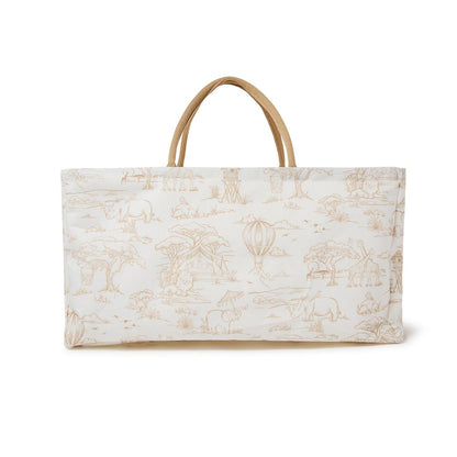 Rectangular cream storage tote with tan handles, light brown safari animal print. Sizes: small, medium, large.