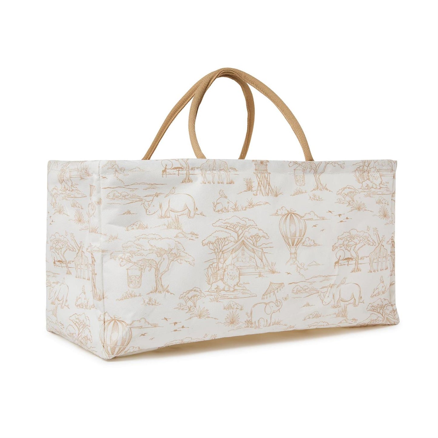 Rectangular cotton tote with two handles, beige safari print on white. Available in standard and large sizes.