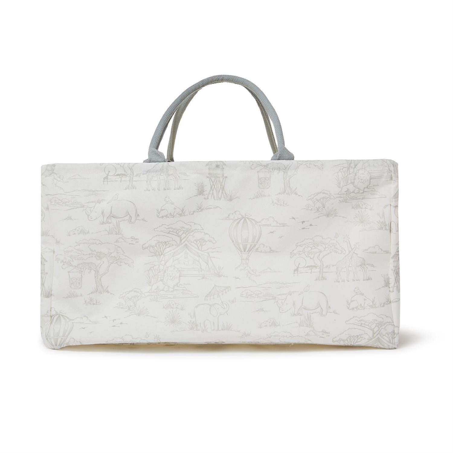 Rectangular white cotton storage bin with grey handles, light grey safari animal print. Available in small and large sizes.