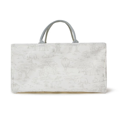Rectangular white cotton storage bin with grey handles, light grey safari animal print. Available in small and large sizes.