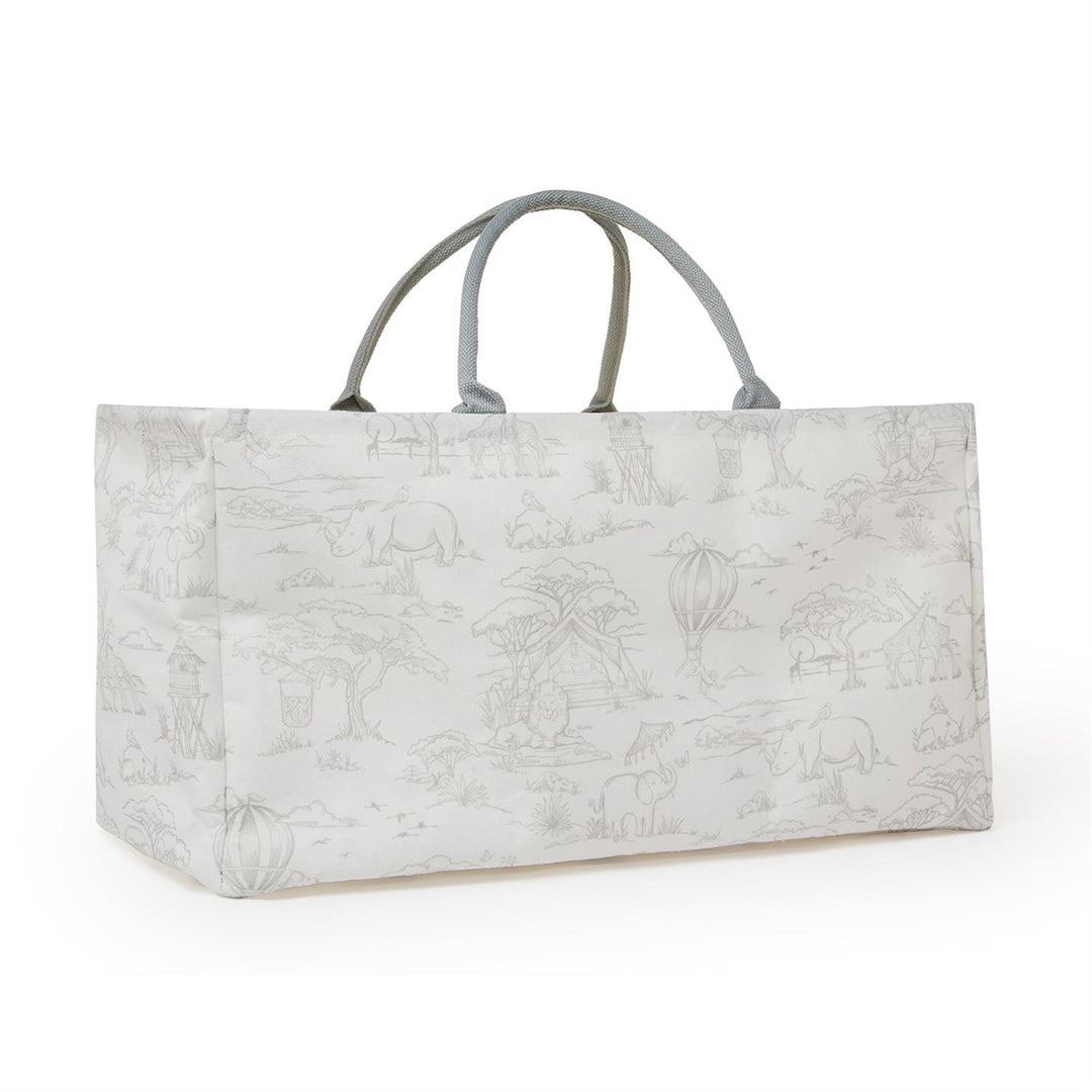 Rectangular tote with two gray handles, light surface, safari animal designs. Available in multiple sizes.