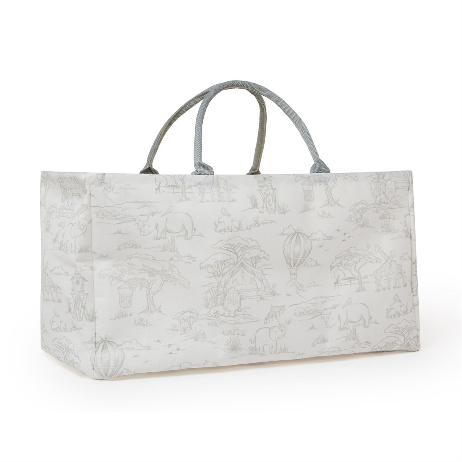 Rectangular tote with two gray handles, light surface, safari animal designs. Available in multiple sizes.