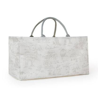 Rectangular tote with two gray handles, light surface, safari animal designs. Available in multiple sizes.