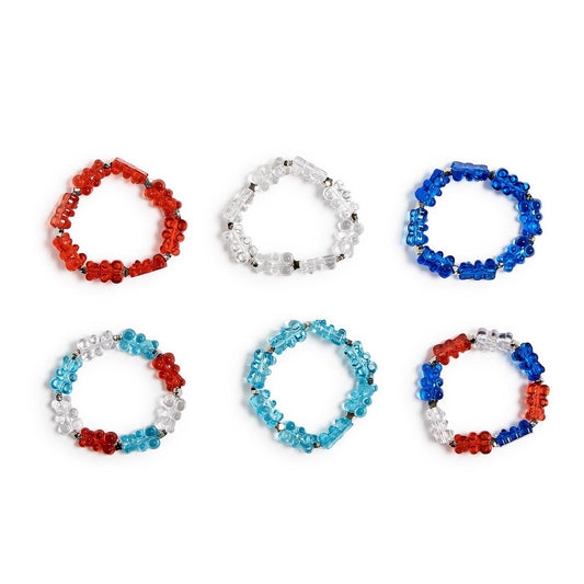 Elastic bracelet with red, white, and blue beads in patriotic patterns. Available in multiple sizes.