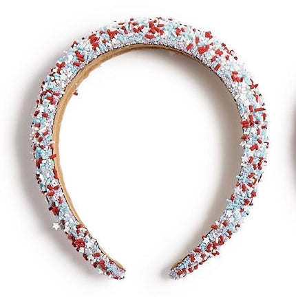 Red, white, and blue beads with star accents on a headband. Bold texture. Sizes: Available in 4 colors.