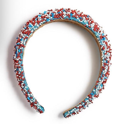Red, White & Be-You-Tiful Sprinkles Headband with small beaded accents in four colors. Available in adult and kids sizes.
