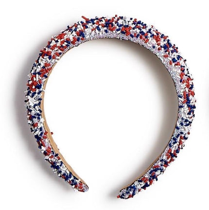 Red, White & Be-You-Tiful Sprinkles Headband with beaded and crystal details. Available in 4 colors and multiple sizes.