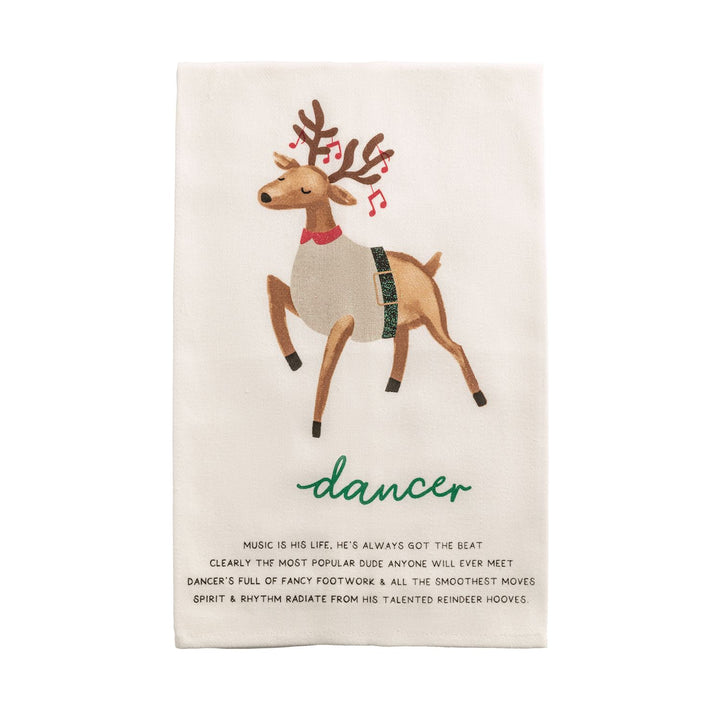 Santa’s Reindeer Poem Hand Towel featuring a Dancer reindeer illustration, red music notes, and a poem. Available in various sizes.