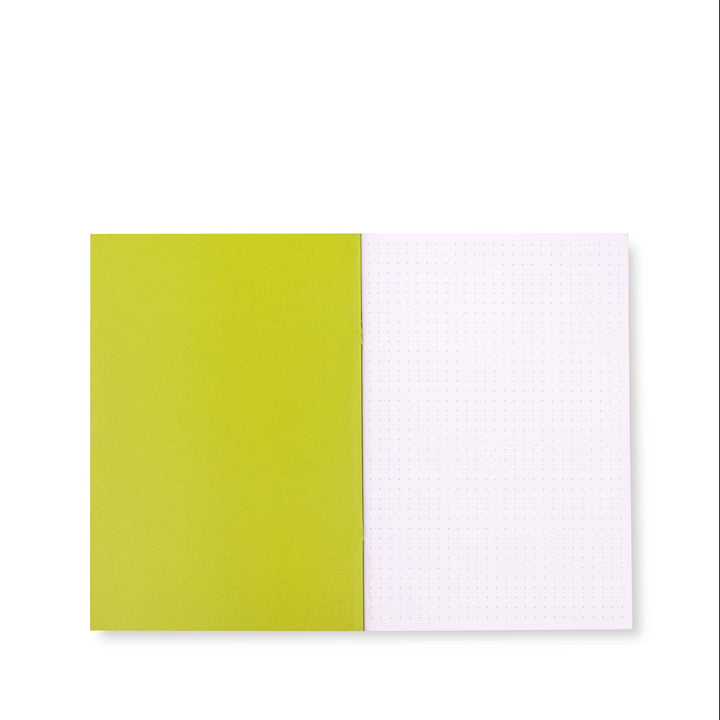 Triple Notebook Set, Sunny Day Stripe: left page solid green, right page white with subtle dot grid. Available in multiple sizes.