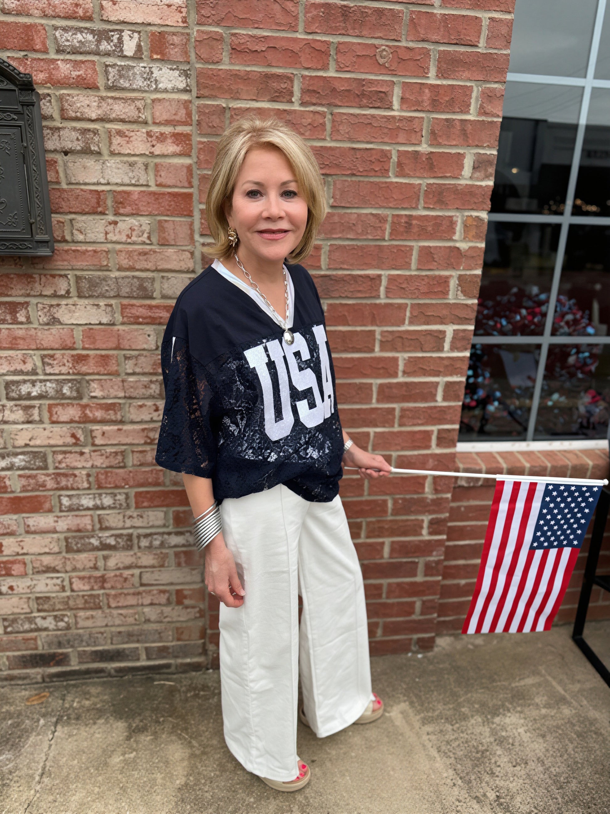 Navy Lace "USA" Jersey, sporty and feminine. Available in sizes XS-XL.