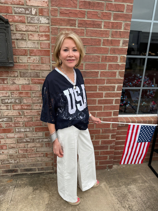 Navy Lace "USA" Jersey, sporty and feminine. Available in sizes XS-XL.