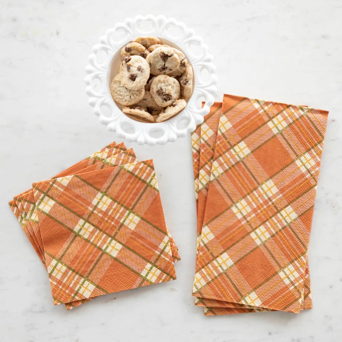 Orange Plaid Table Napkins, available in two stack sizes.